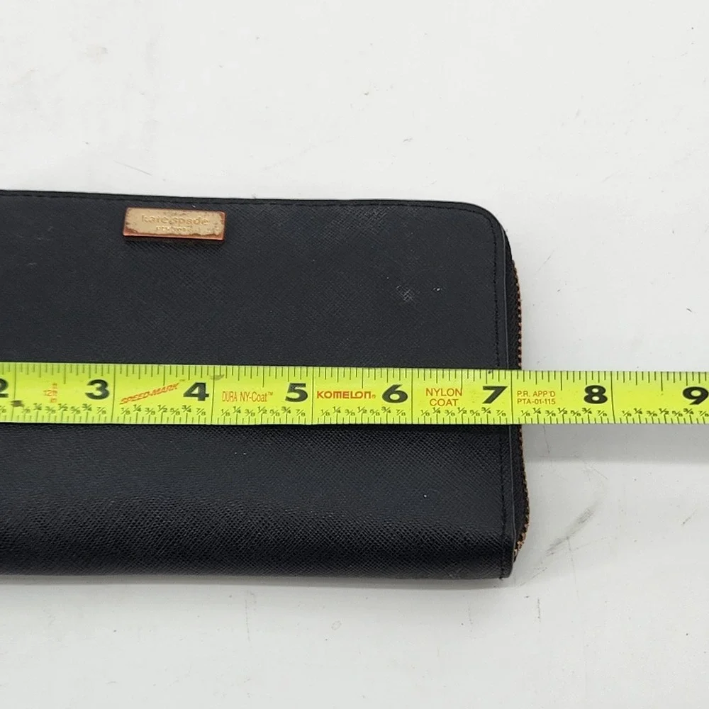 Kate Spade New York Black Leather Zip Around Wristlet Wallet Gold Logo 7x4